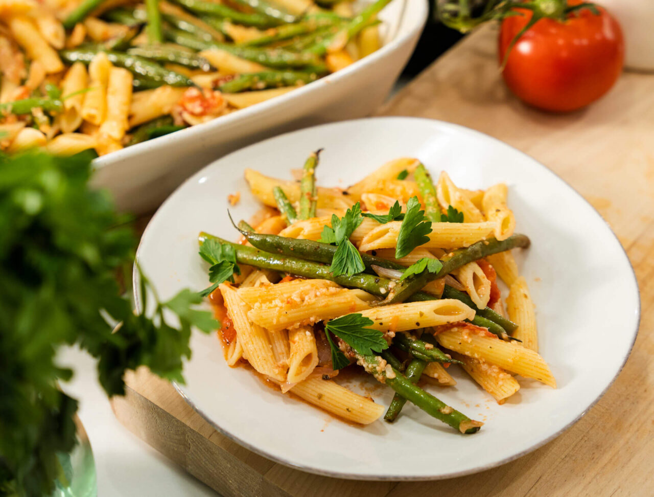 Roasted Green Bean and Tomato Pasta Sauced by Sunday