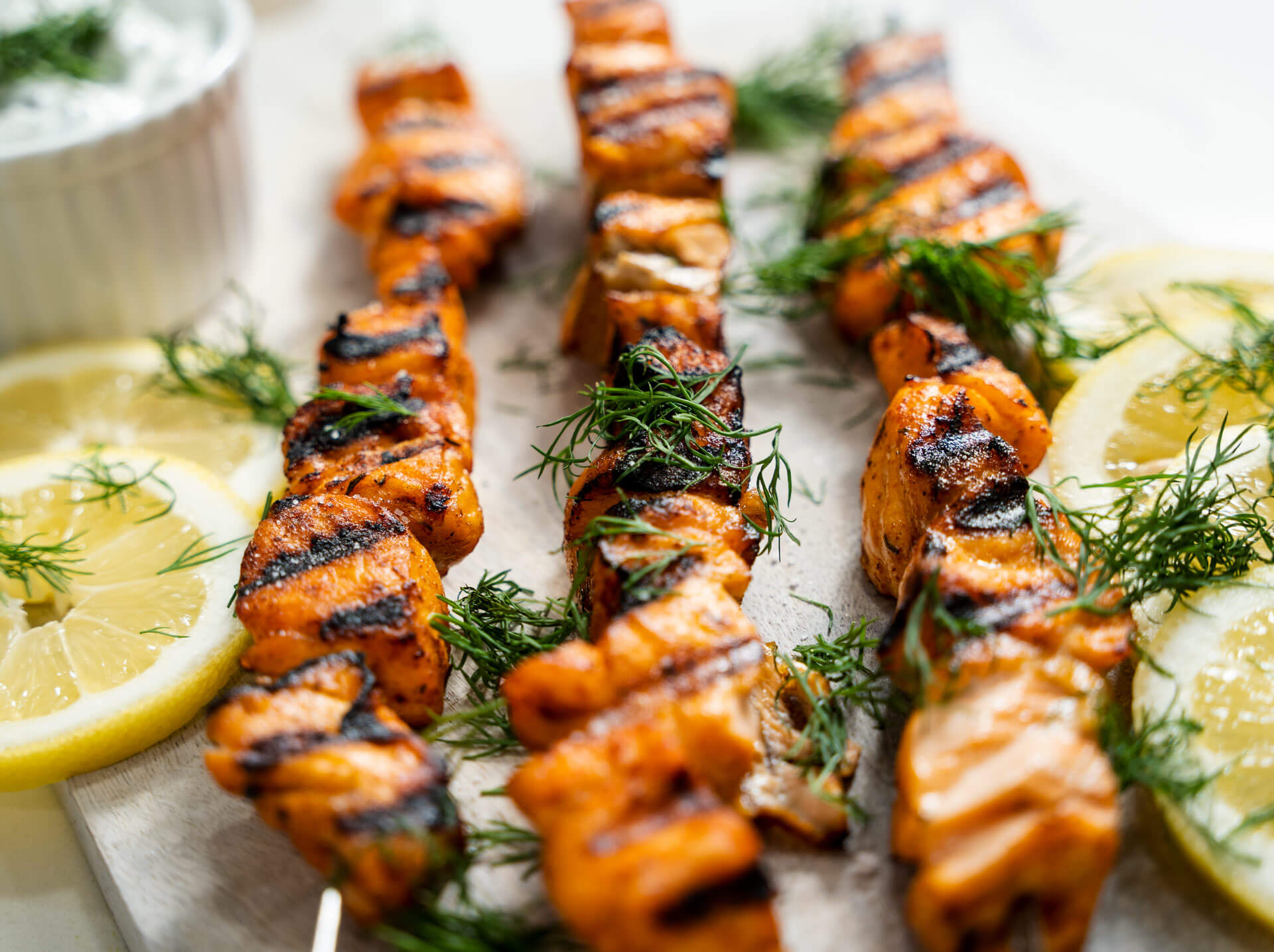 Salmon Skewers & Light Dill Dipping Sauce